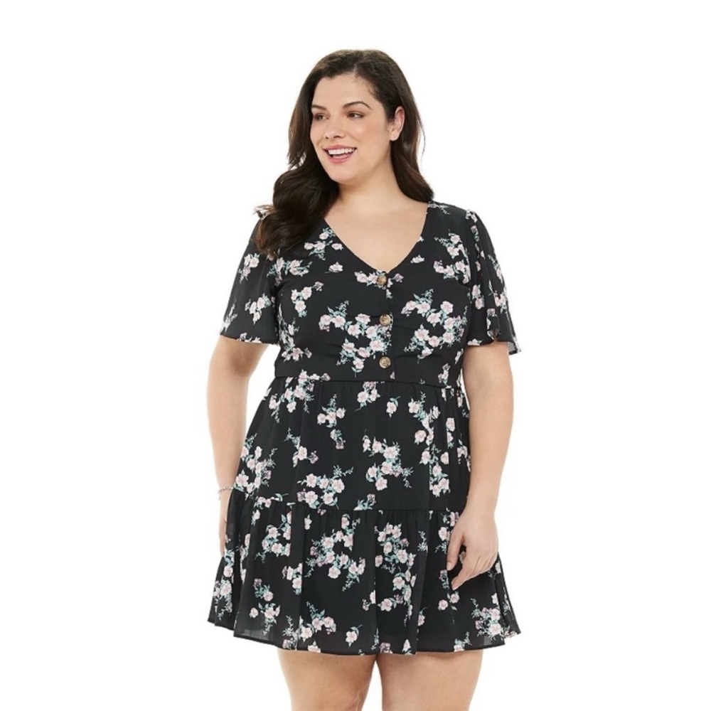 Evri Floral V-Neck Button Detail Tiered Mini Dress Black Pink Size 2X